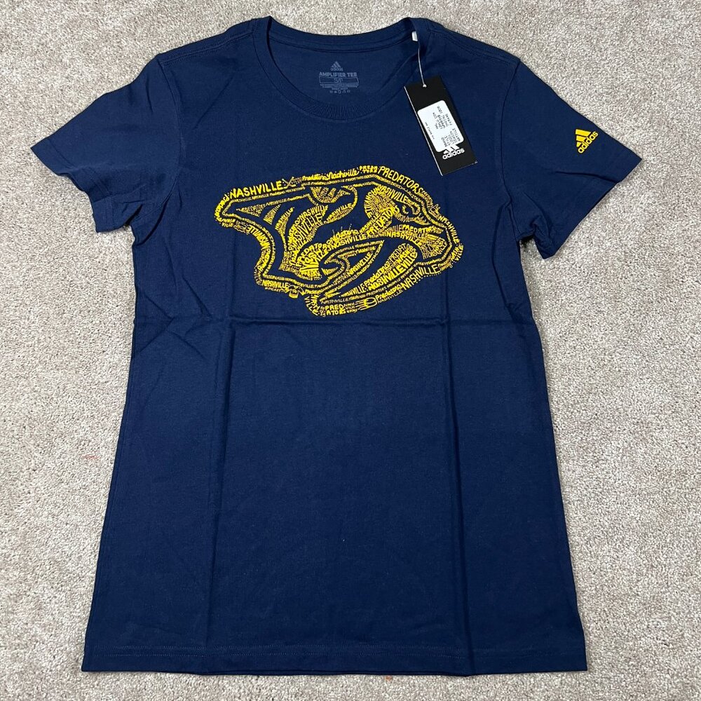 Adidas Womens S Blue Nashville Predators Hockey Round Neck SS Amplifier Tee NWT